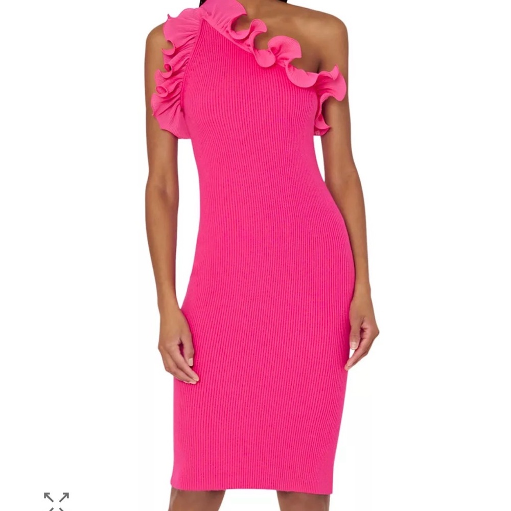 Milly Pink Ruffle One Shoulder Knit Midi dress